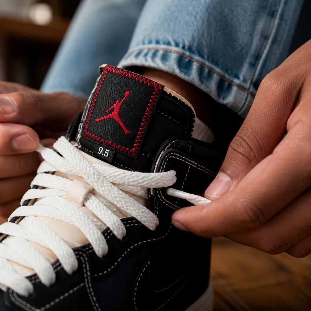 Premium woven tag on the tongue displaying the Flight Club branding and size indicator with red accent stitching and embroidered Jumpman logo