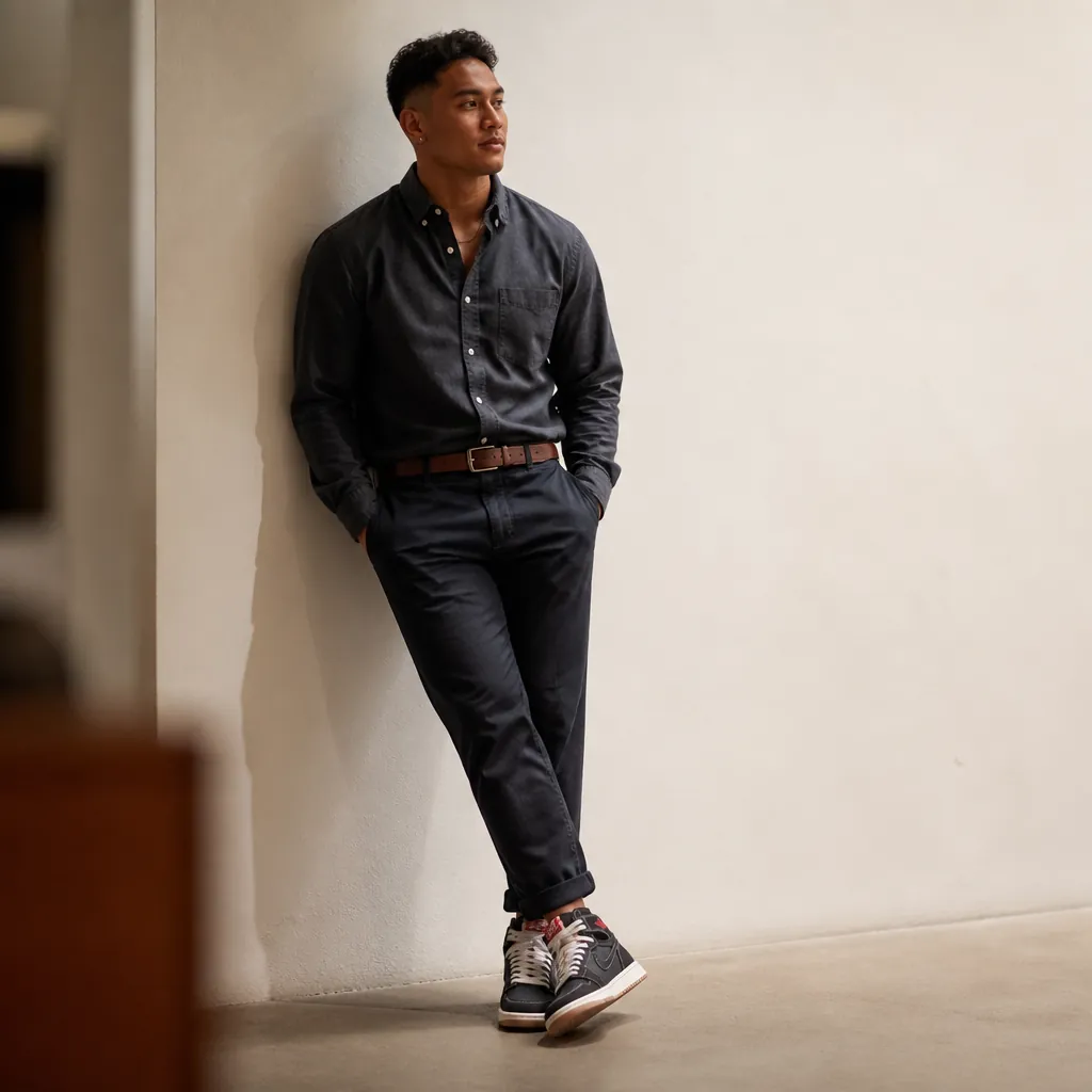 Elevated casual outfit combining Air Jordan 1 Flight Club with dark chinos, button-down shirt, and leather belt for a smart-casual evening look