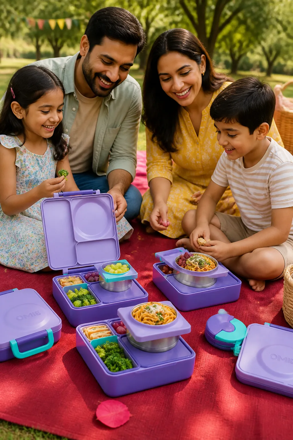 Happy family of four enjoying outdoor picnic with multiple colorful Bento Boxes spread on red blanket