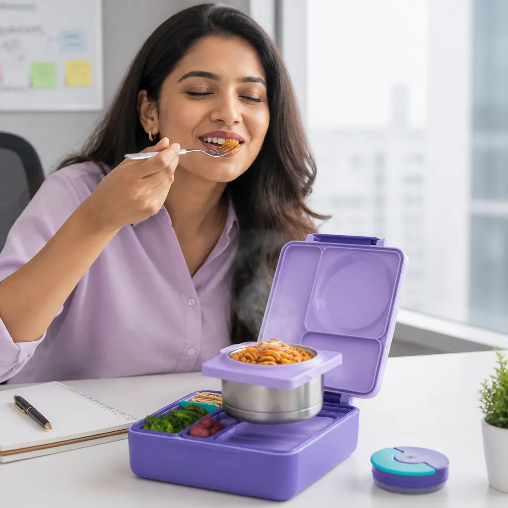 Thrilled person taking first bite of hot meal with eyes closed and satisfied smile in bright office