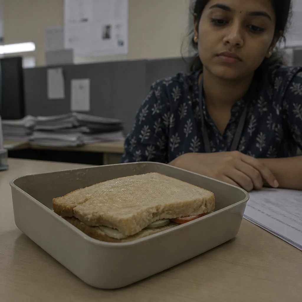 Cold soggy sandwich in a plain container sitting on a dull office desk with dim fluorescent lighting overhead