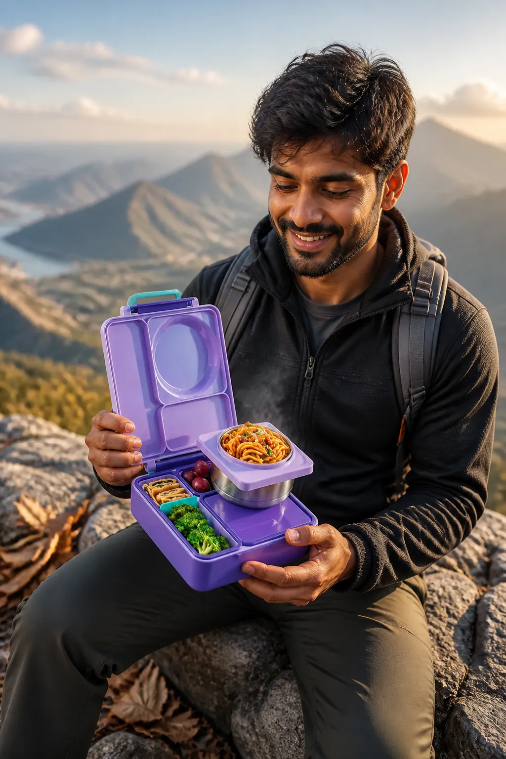 Enthusiastic hiker on mountain peak with open Bento Box enjoying hot meal overlooking scenic valley