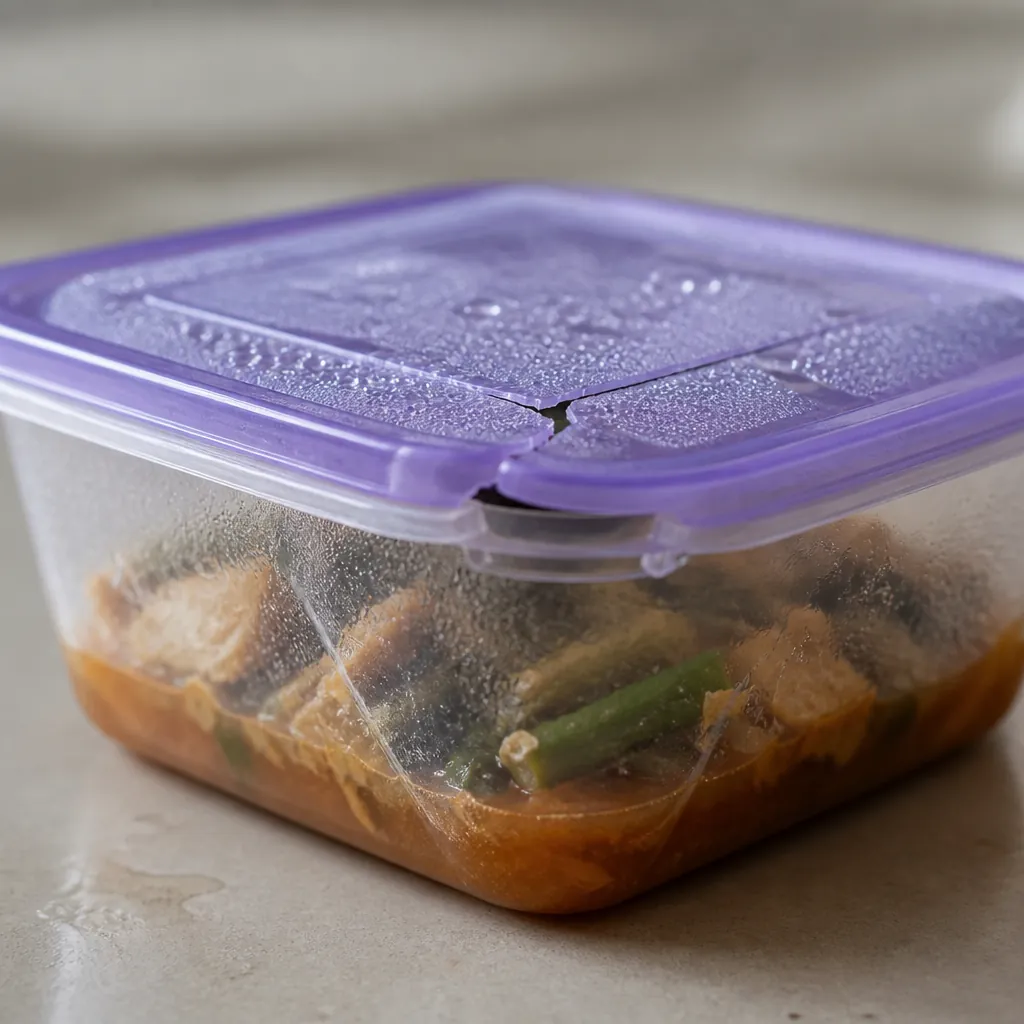Generic cold leftovers in cracked plastic container with condensation