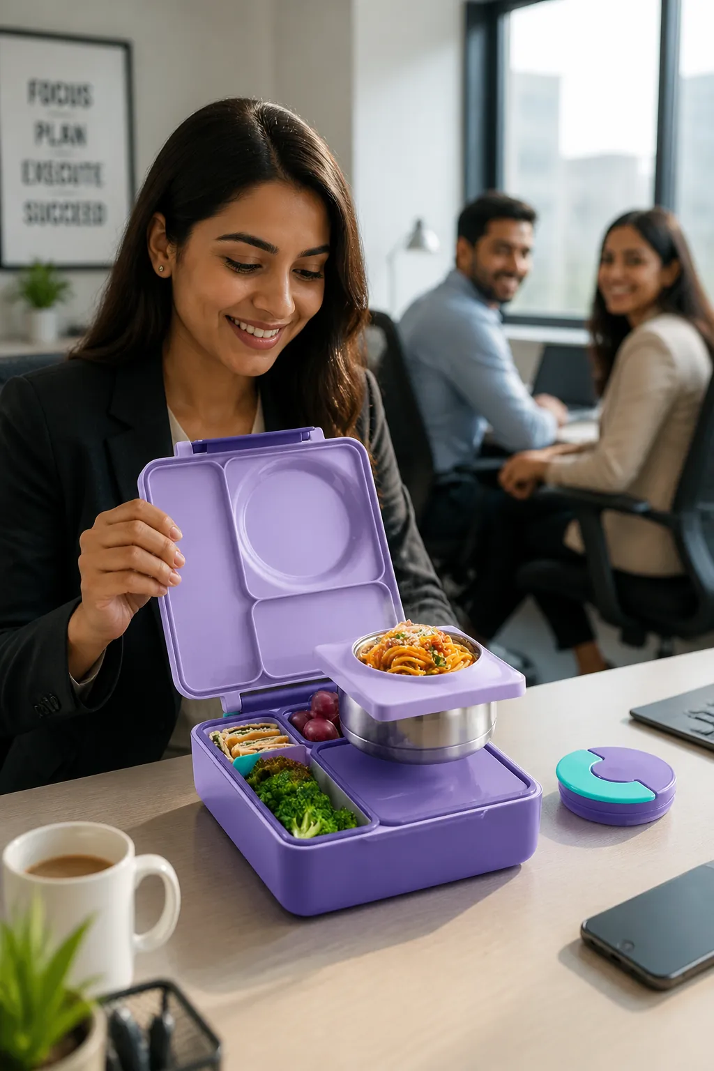 Professional woman in business attire sitting at modern office desk with Bento Box open colleagues admiring her food