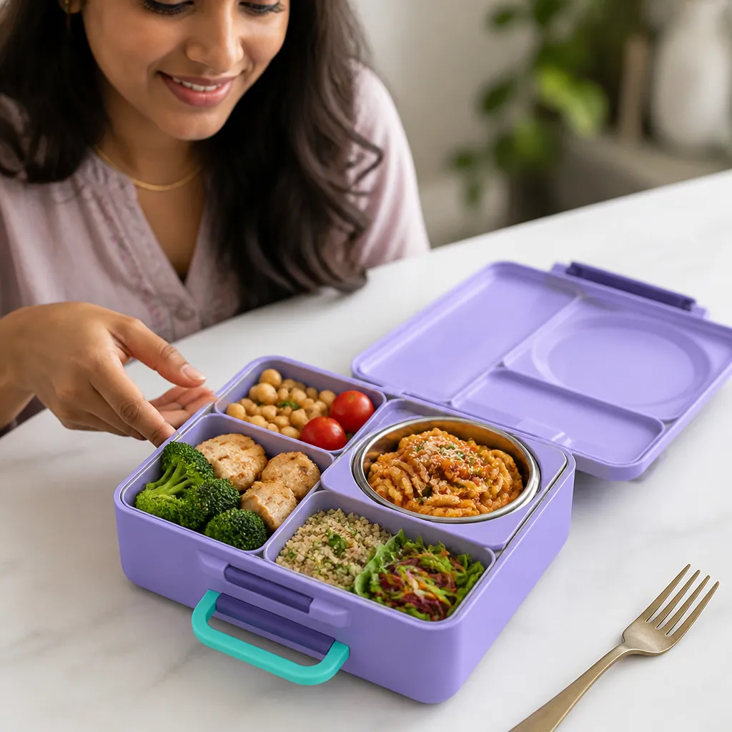 Organized Bento Box compartments with diverse protein vegetables grains and garnishes