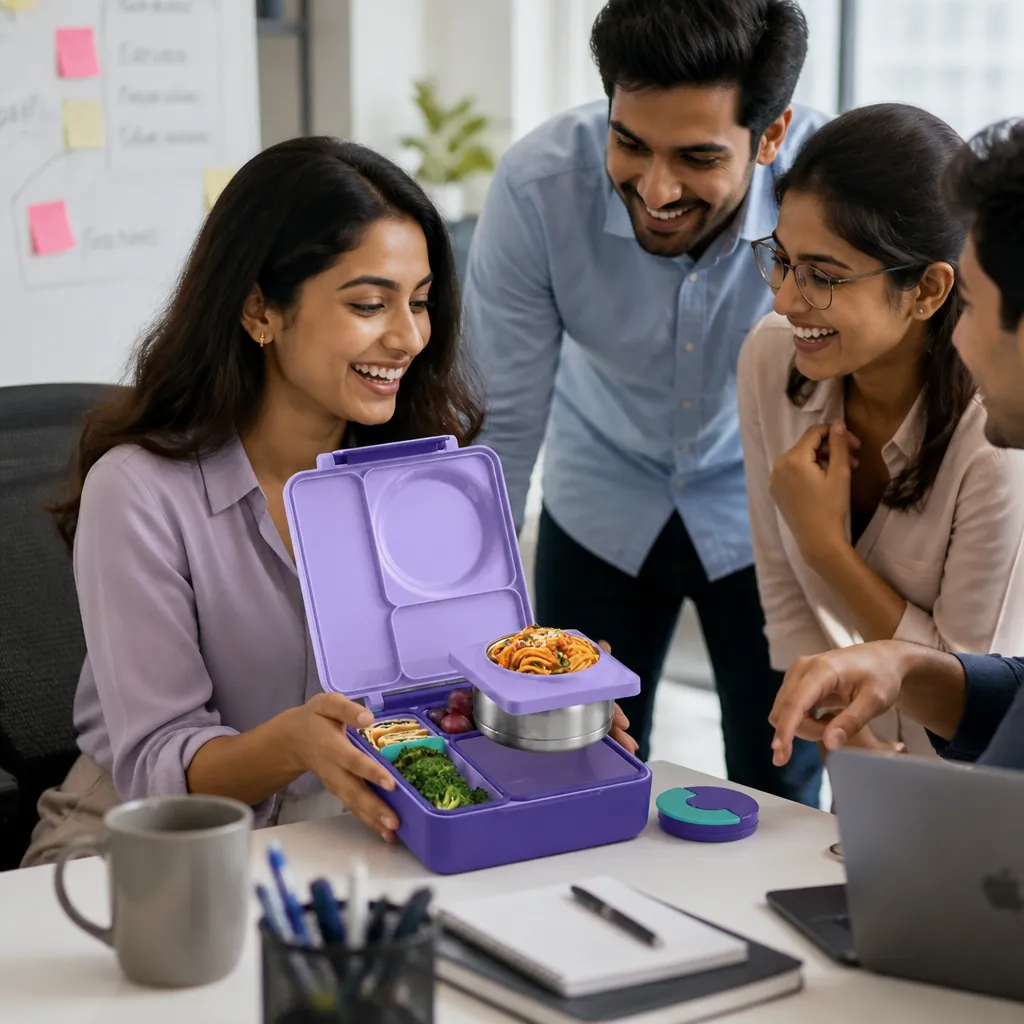 Modern bright office workspace with colleagues gathered around a desk admiring someone's lunch