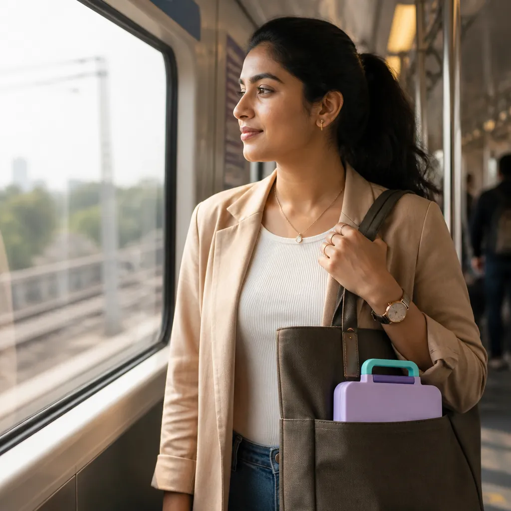 Compact city commute with person carrying a stylish bag containing Bento Box on a morning train