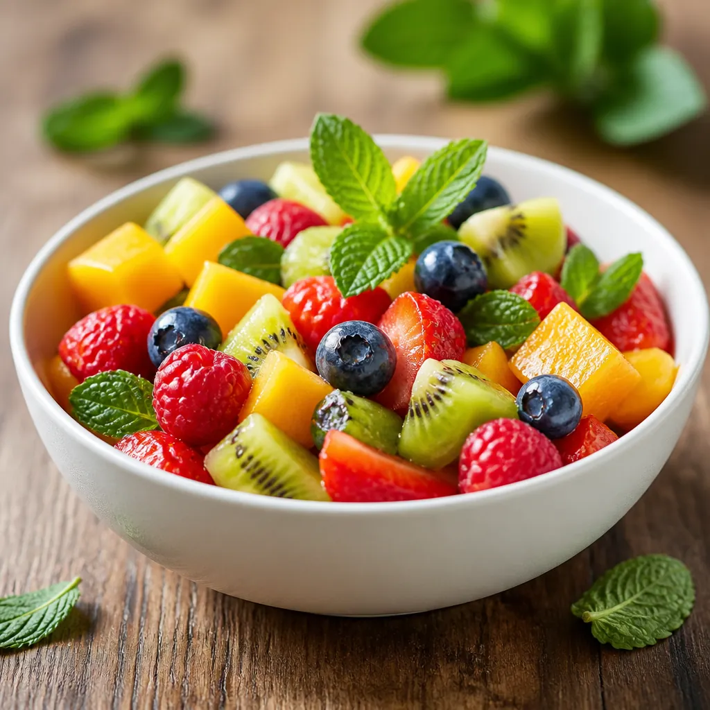 Vibrant fresh colorful fruit salad with berries kiwi and mango in a white bowl with mint leaves