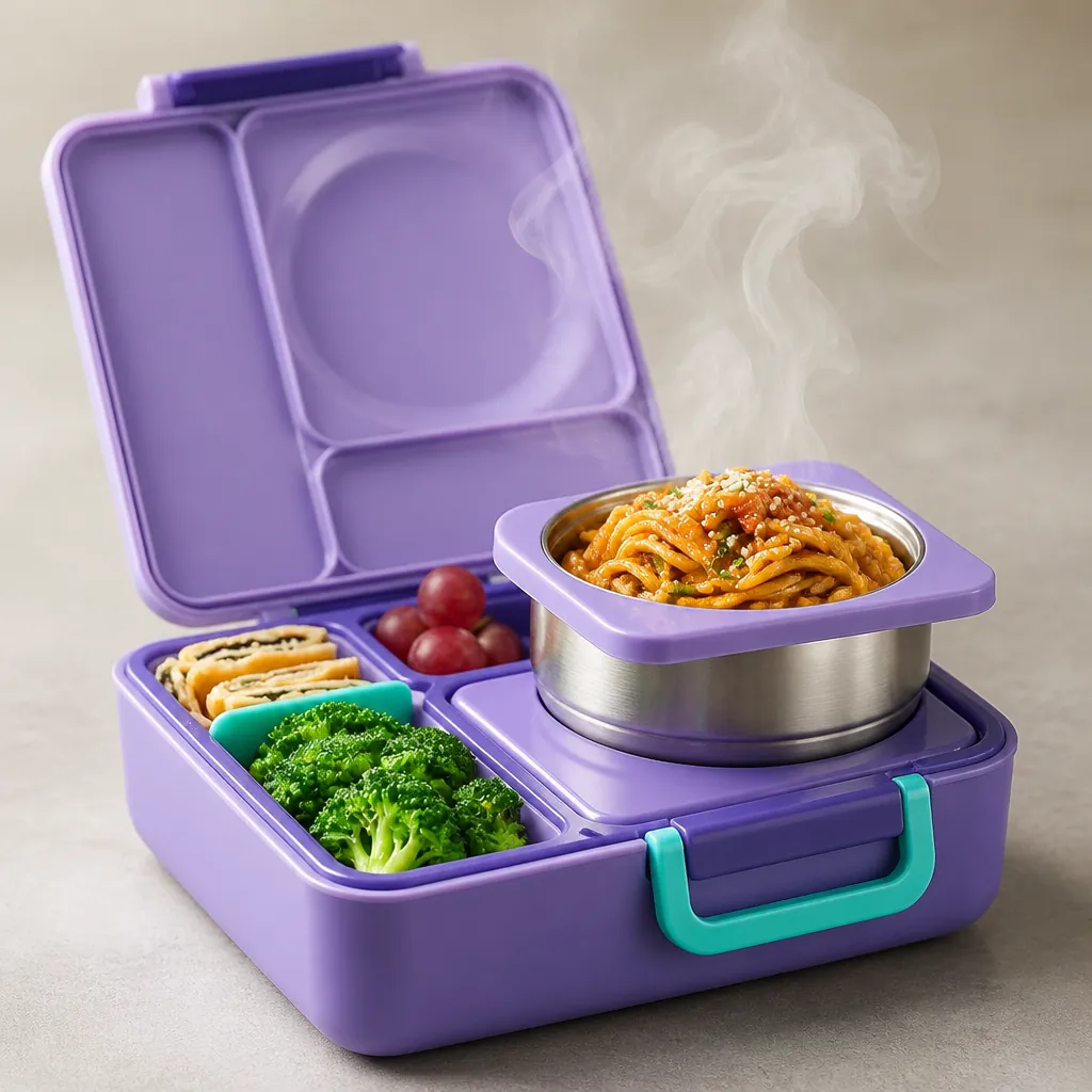 Close-up of fresh hot Bento Box meal with steam rising from colorful vegetables and rice