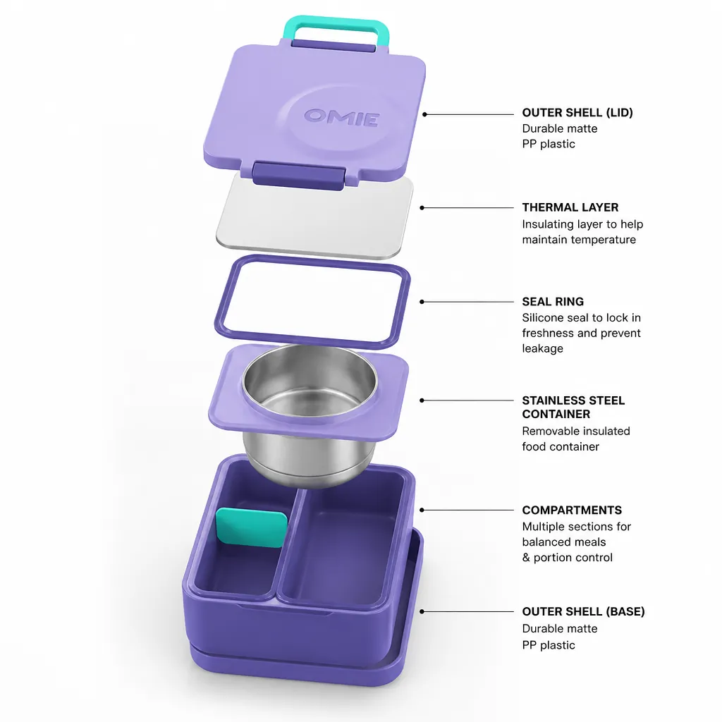 Technical exploded view diagram showing Bento Box layers with labels outer shell thermal layer seal ring compartments