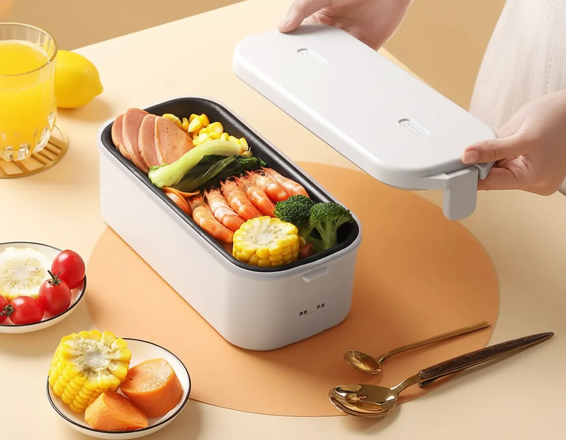 Thrilled person happily eating a steaming hot homemade meal from their electric lunch box at their office desk