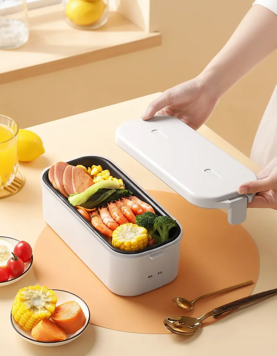 Happy person enjoying a steaming hot delicious meal from their lunch box at a bright office desk