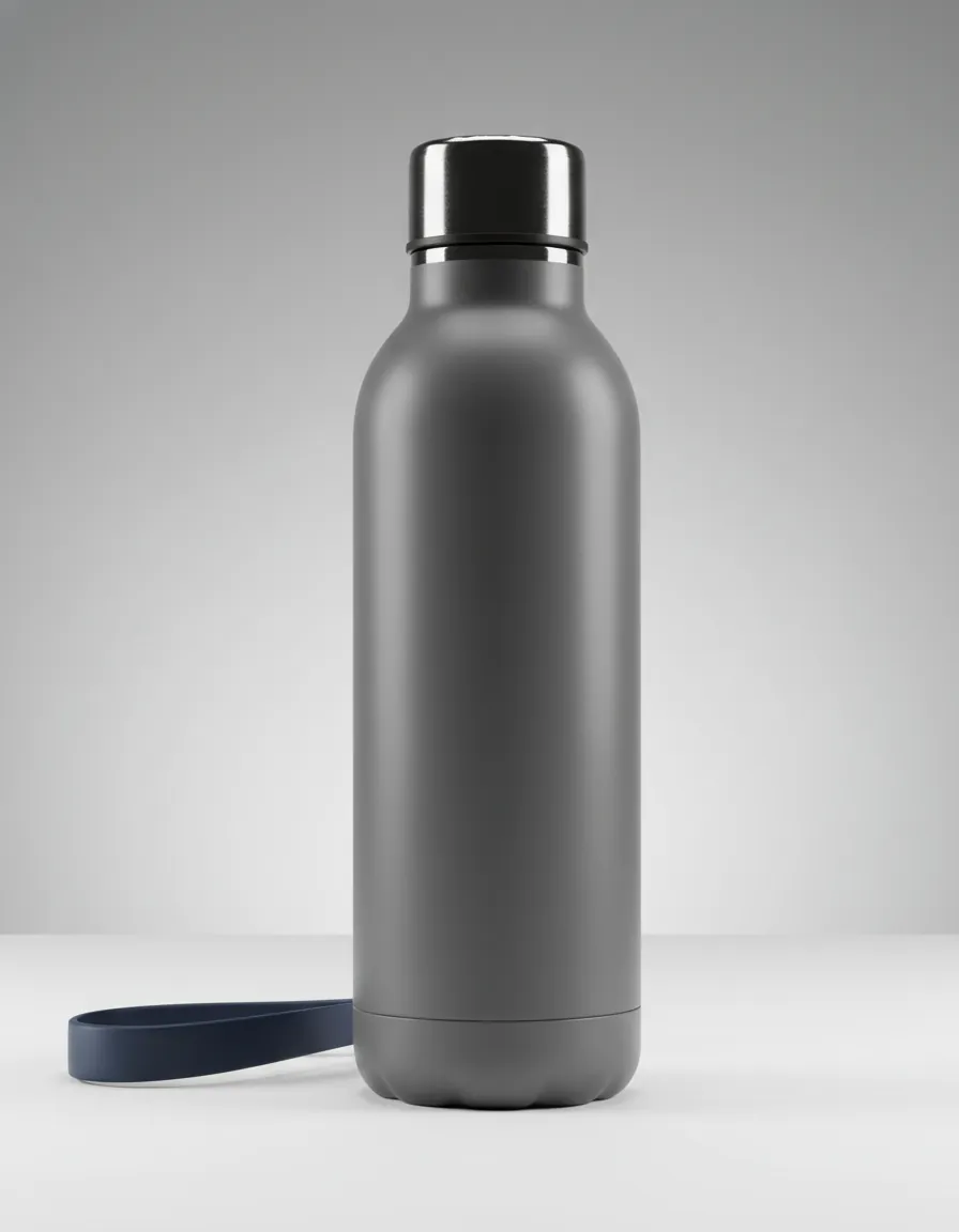 Pexpo premium insulated steel water bottle in sleek green design with silicone strap, shown from angle view highlighting the premium finish