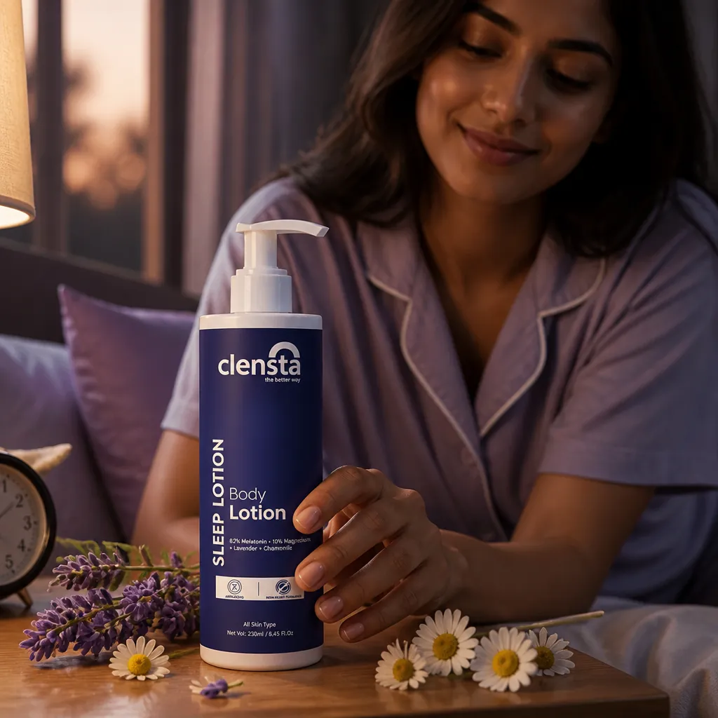 Peaceful bedroom scene with sleep lotion on nightstand