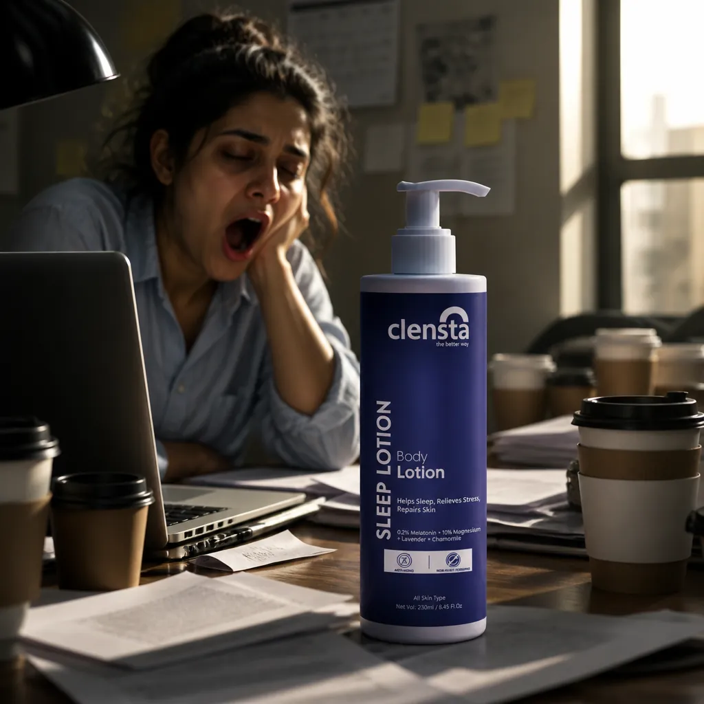 Exhausted woman with dark circles, messy hair, yawning at desk, coffee cups scattered, looking stressed and tired in harsh morning light