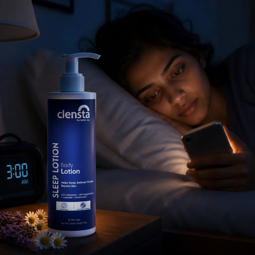 Frustrated young woman lying awake in bed at 3am, looking at phone screen, dark circles under eyes, messy hair, dim bedroom with alarm clock showing late hours