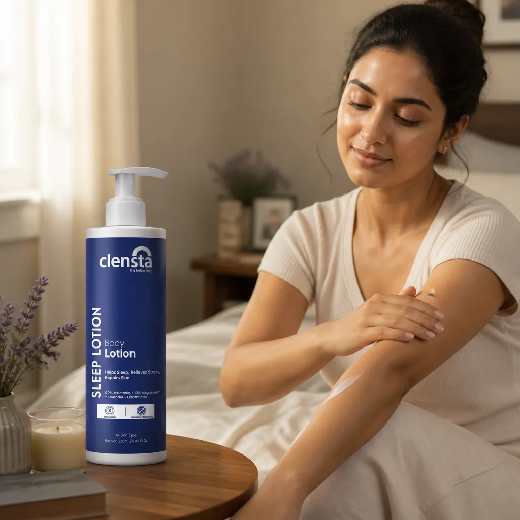 Woman applying sleep lotion on arms in bedroom setting
