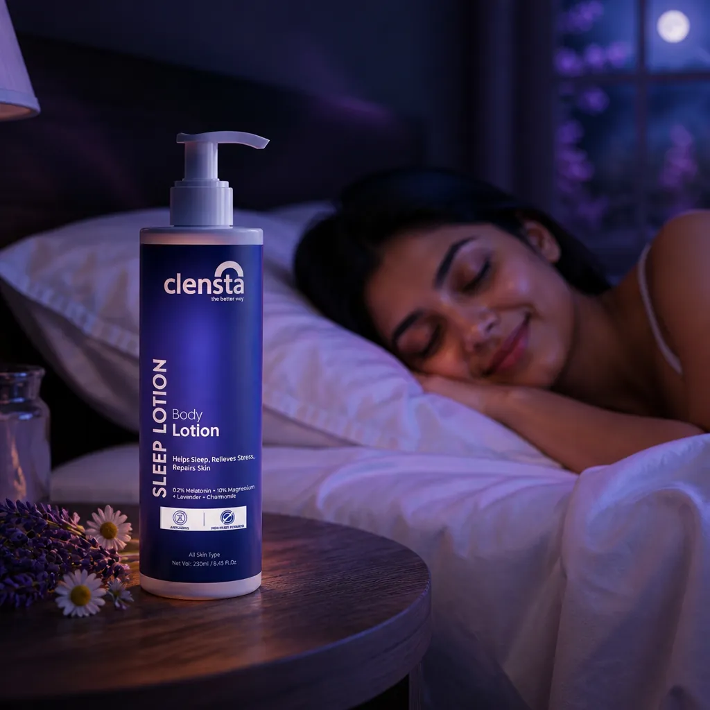 Serene bedroom scene with moonlight streaming through window, soft lavender hues, peaceful woman sleeping peacefully on crisp white sheets with eyes closed