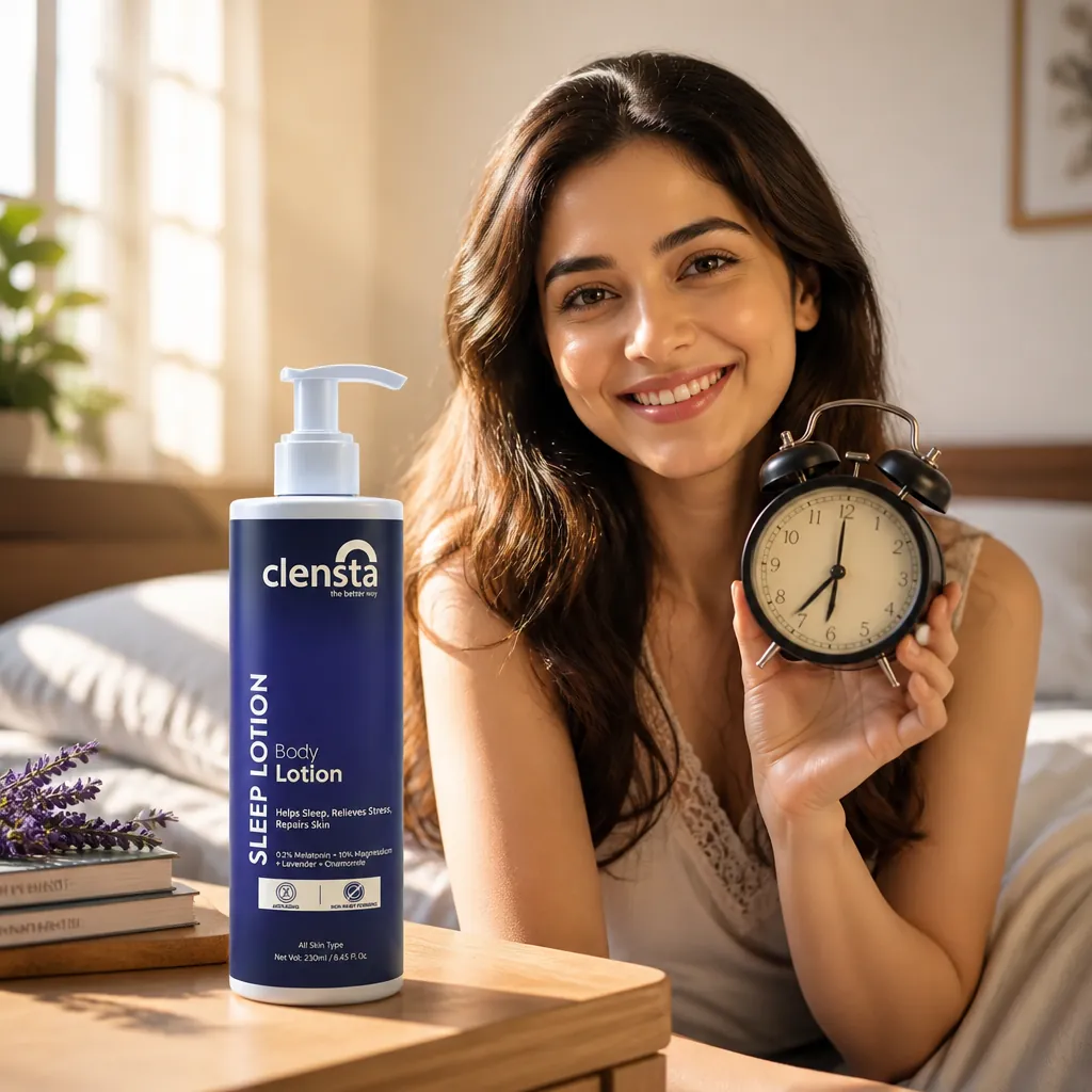 Radiant woman with glowing skin, bright eyes, fresh makeup, smiling confidently with sunlit room behind her, holding alarm clock showing 7am, looking energized