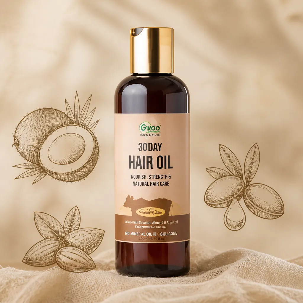 Hair Oll bottle hero shot with soft lighting against cream background surrounded by natural ingredient icons of coconut almond and argan oil