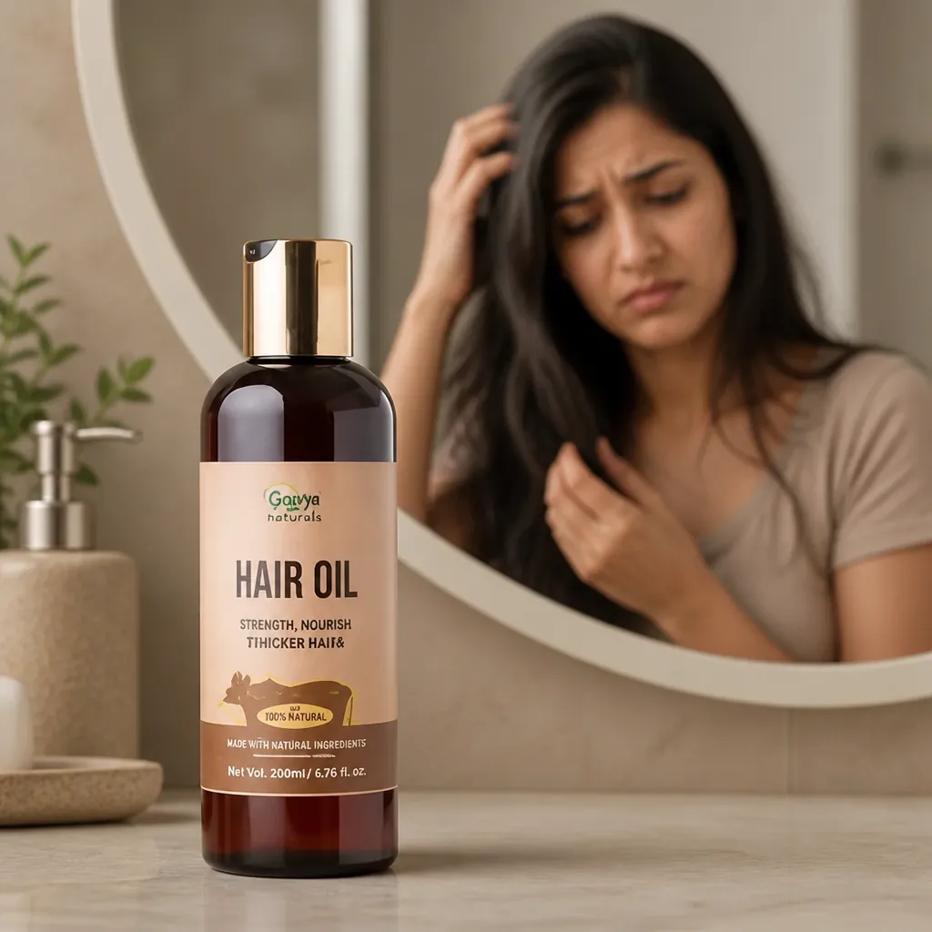 Woman distressed by excessive hair fall with strands visibly falling onto shoulders against bathroom mirror