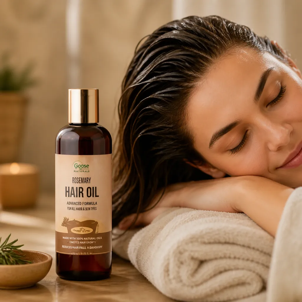 Woman relaxing with Hair Oll treatment left in hair for 30 minutes before washing showing peaceful spa moment