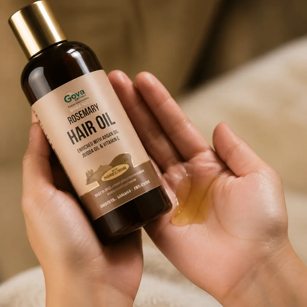 Hand holding small amount of Hair Oll oil being warmed between palms before application showing the golden liquid texture