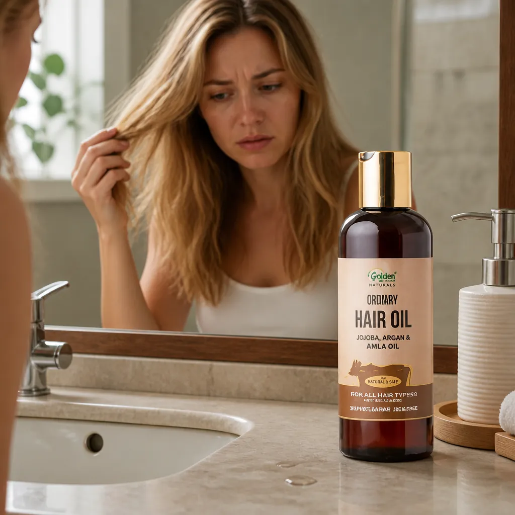 Woman looking frustrated at her dull lifeless hair reflection in bathroom mirror with no shine or vitality