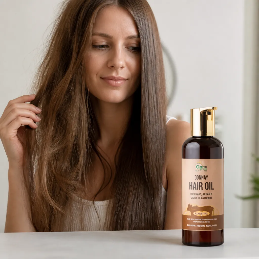 Woman with hair transformation - before dull damaged hair on left, after vibrant shiny healthy hair on right