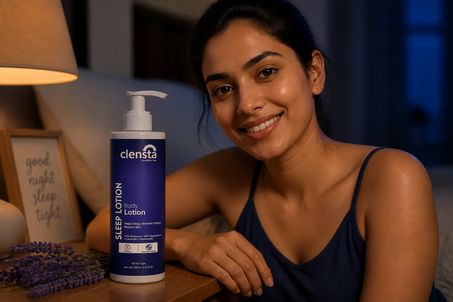 Young Indian woman with bright smile and glowing skin showing energy from good sleep