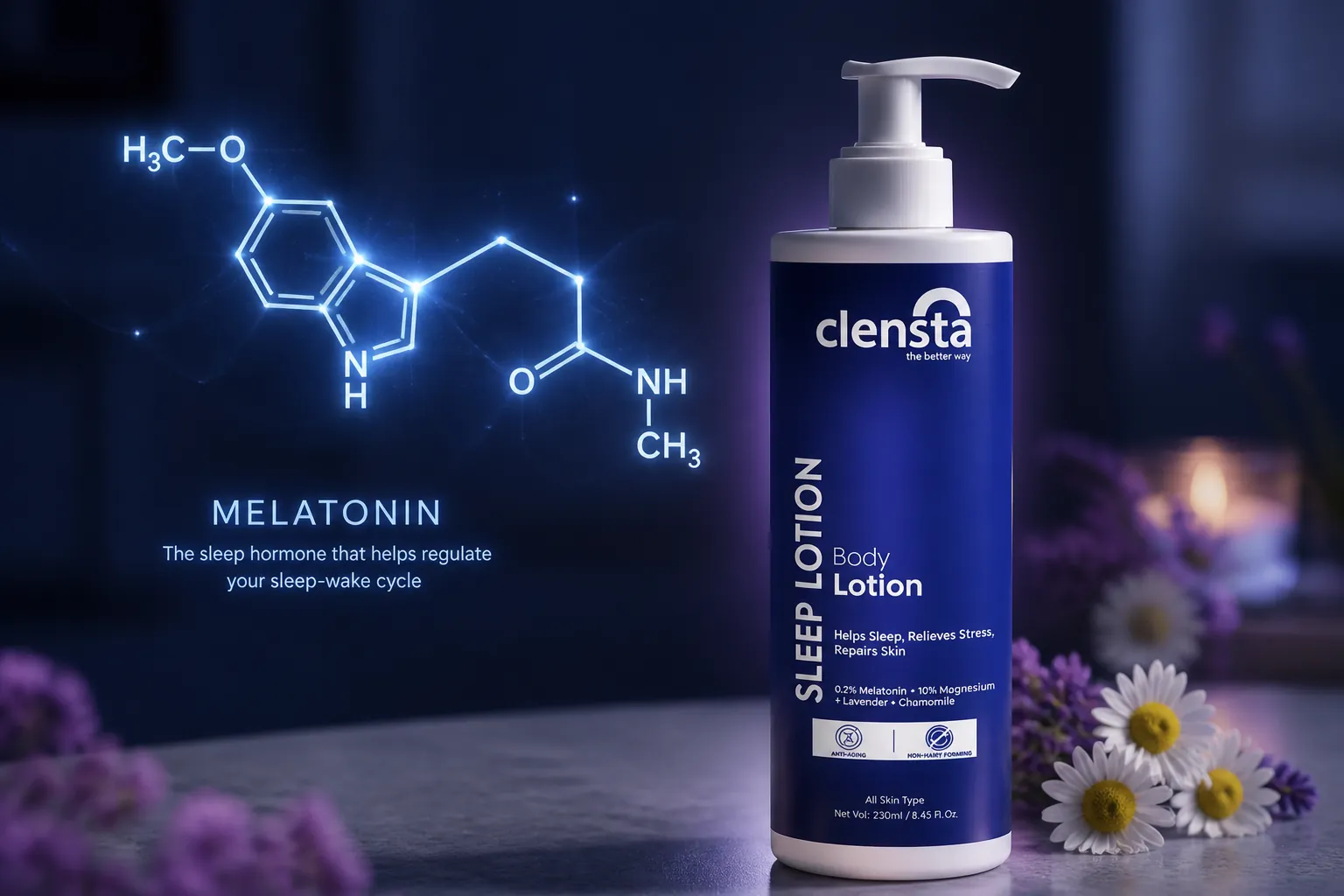 Scientific illustration of melatonin molecule with glowing effect representing sleep hormone regulation