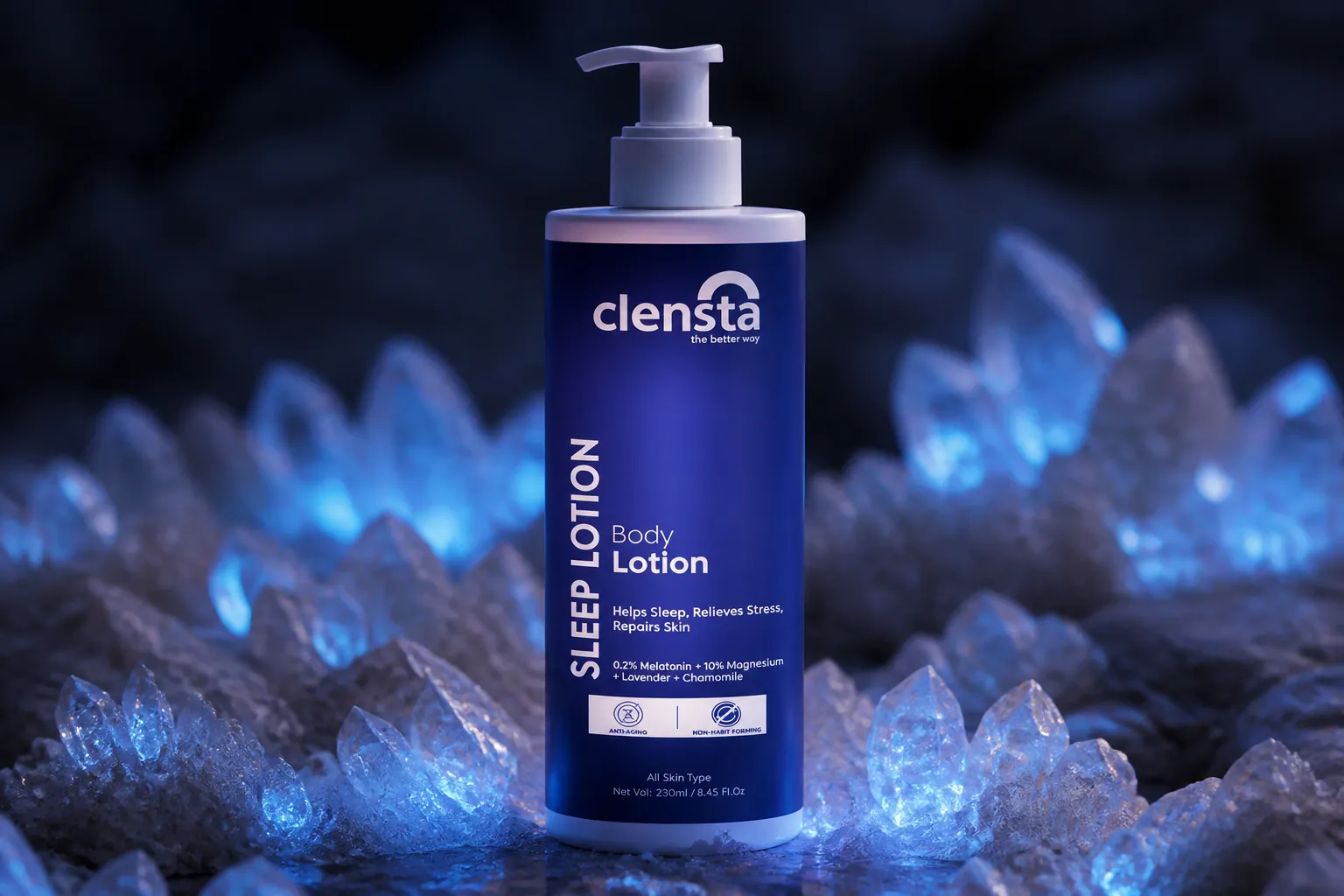 Magnesium mineral crystals with calming blue glow representing muscle relaxation