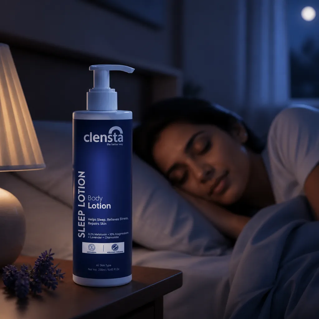 Woman sleeping peacefully in soft moonlight with Clensta Sleep Body Lotion on nightstand, serene bedroom atmosphere