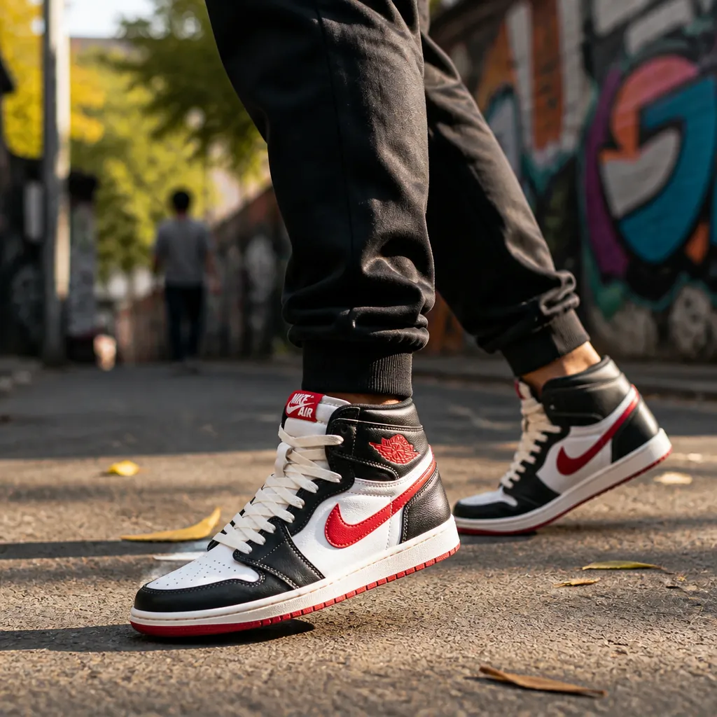 Lifestyle shot of an Indian man wearing casual joggers and Nike Total 90 sneakers walking through an urban neighborhood with graffiti walls and afternoon sunlight