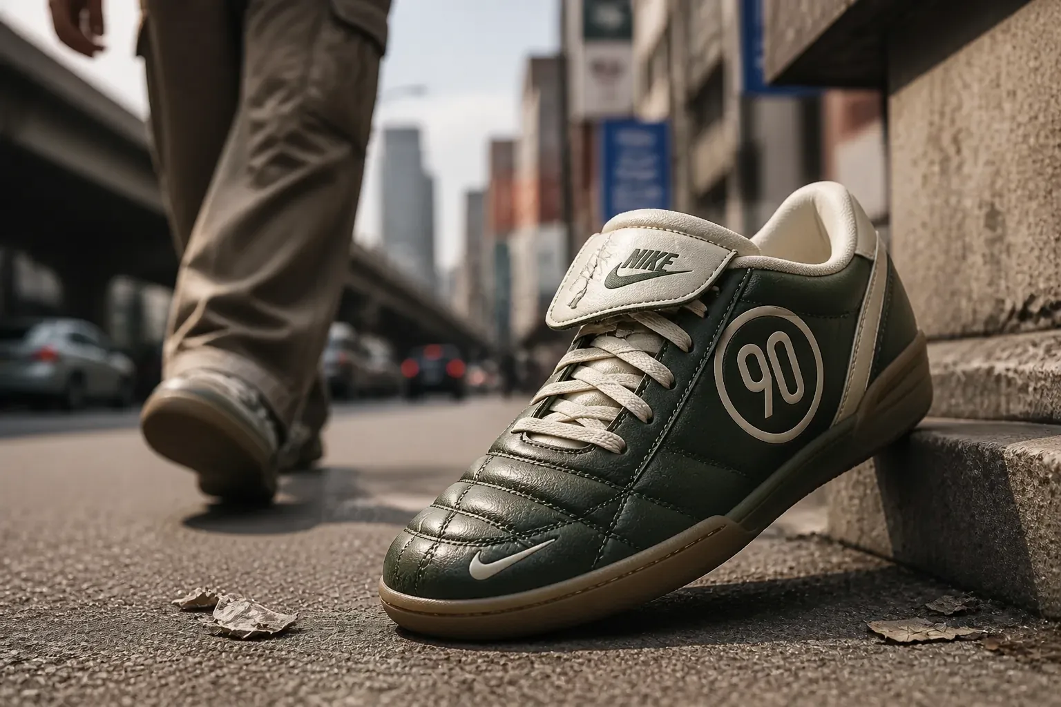 Nike Total 90 Premium sneakers in heritage green color displayed in an urban street setting, showcasing the iconic Y2K quilted design with asymmetrical lacing against a modern city backdrop