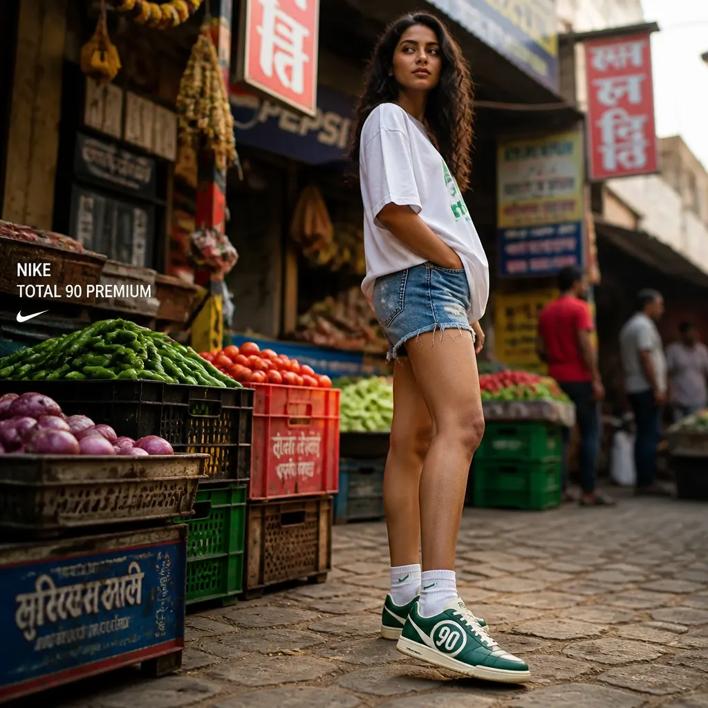 Lifestyle shot of a young Indian woman wearing Nike Total 90 sneakers in heritage green paired with denim shorts and an oversized white tee standing in a colorful street market