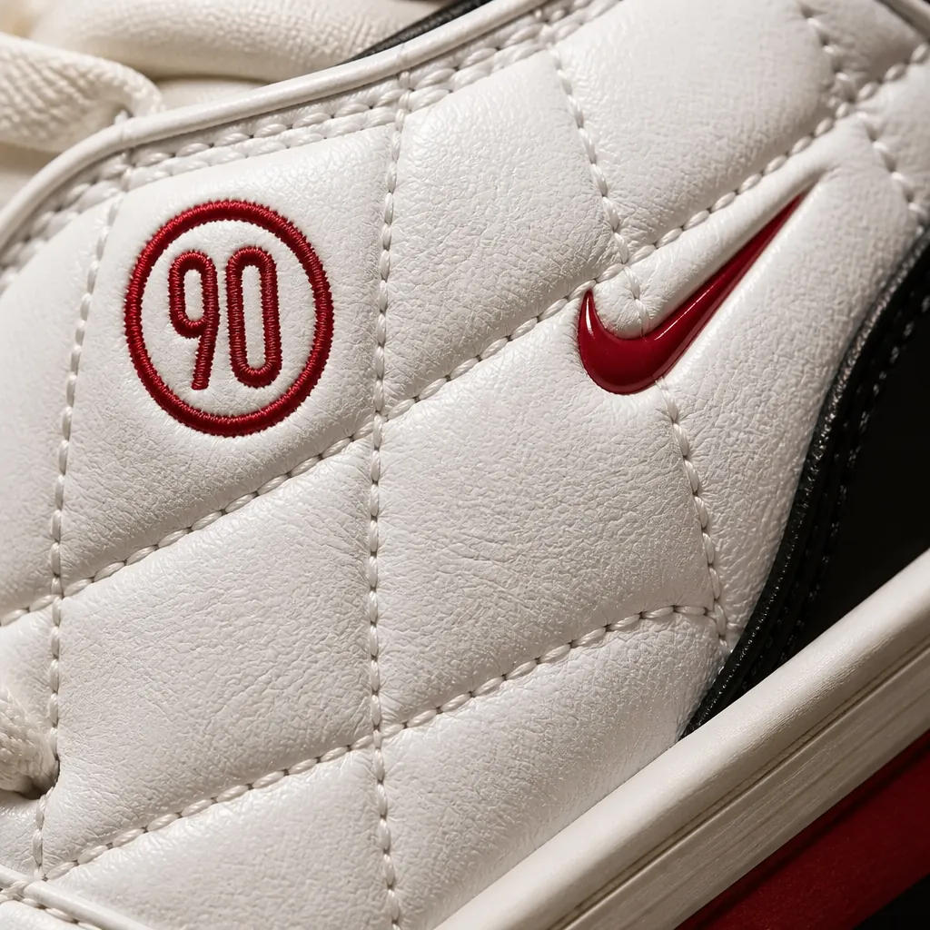 Extreme close-up macro photograph of the Nike Total 90 quilted leather upper texture showing intricate diamond stitching pattern in soft studio lighting with shallow depth of field