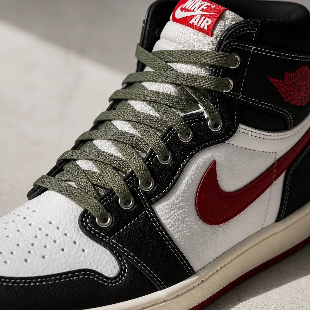 Detail shot of the Nike Total 90 asymmetrical lacing system with heritage green laces threading through metal eyelets in a modern minimalist setting