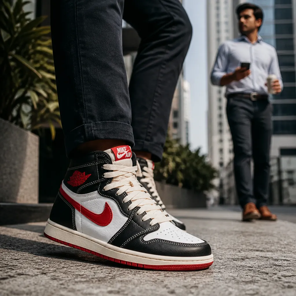 Lifestyle shot of an Indian professional in smart casual attire wearing Nike Total 90 sneakers during a lunch break outside an office building in the city