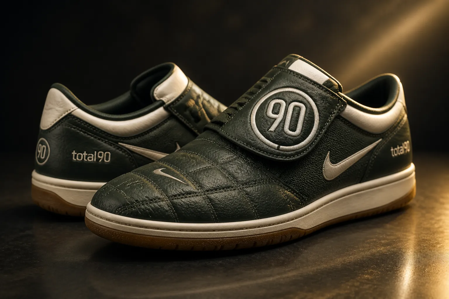 Dynamic hero shot of Nike Total 90 sneakers in heritage green displayed prominently with dramatic lighting against a dark gradient background with subtle golden light reflections