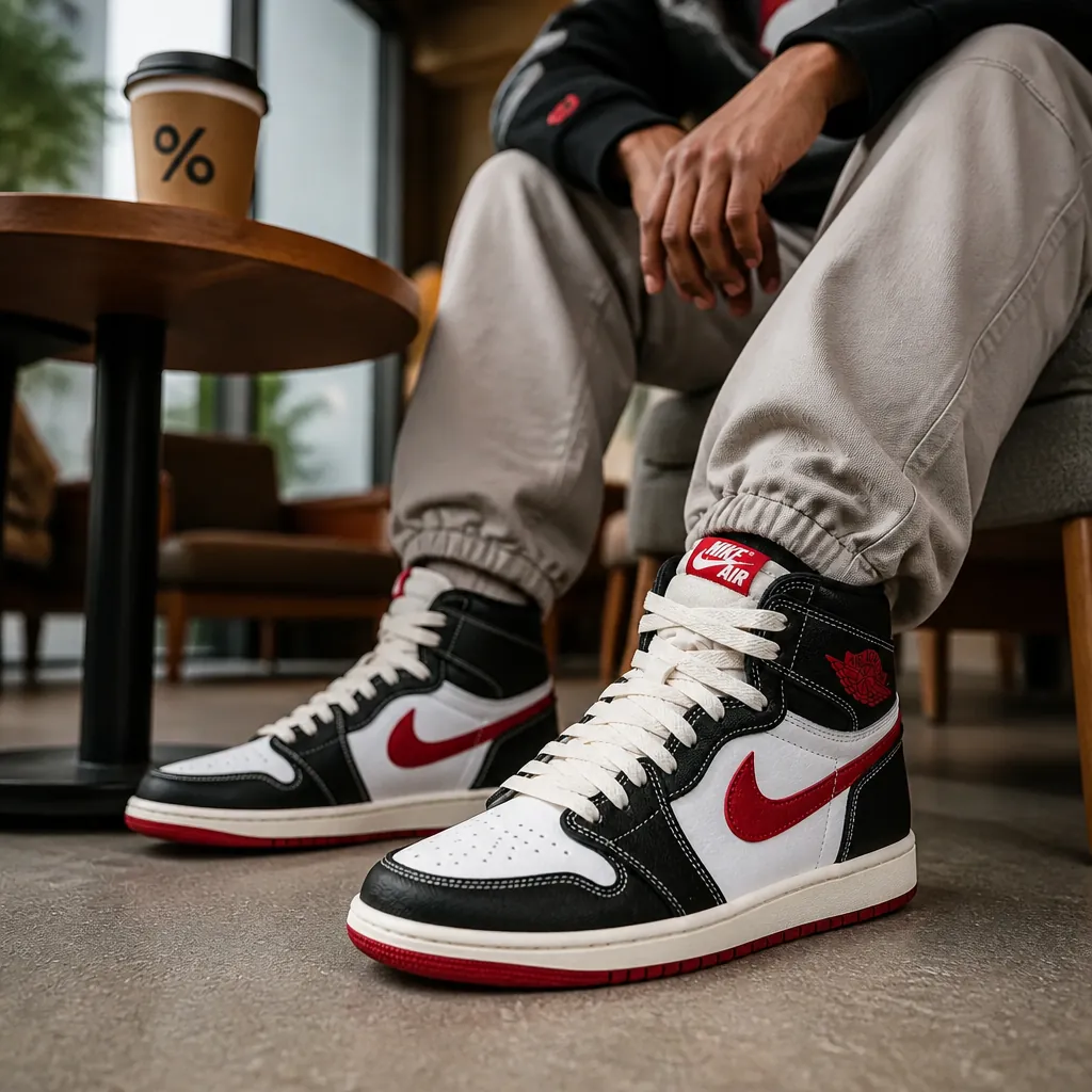Lifestyle shot of a group of friends hanging out at a cafe with one person showing off their Nike Total 90 sneakers, wearing trendy streetwear in a modern interior