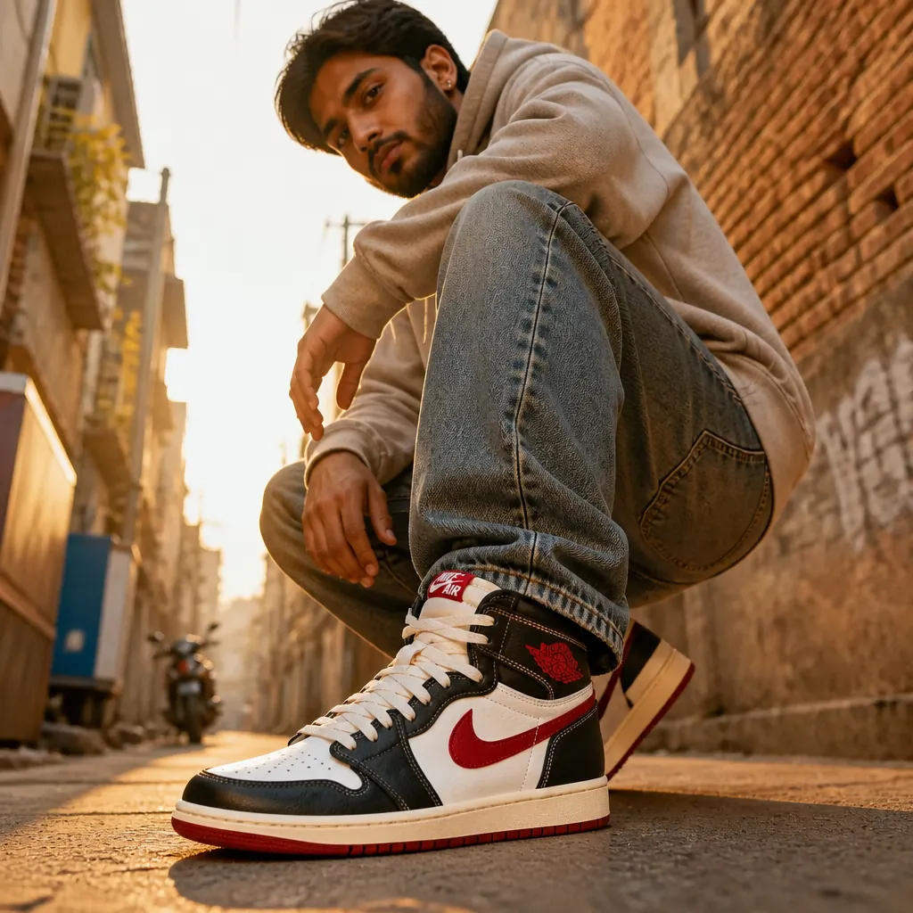 Fashion-forward shot of someone wearing Nike Total 90 sneakers paired with casual streetwear jeans and hoodie in an urban alleyway with golden hour lighting
