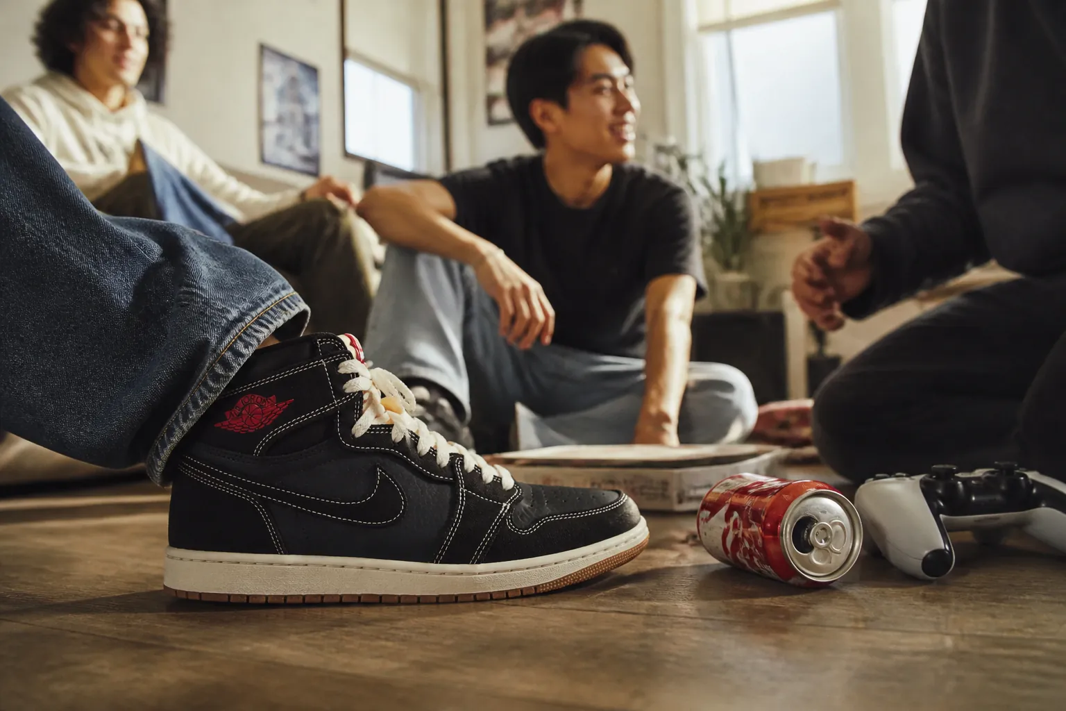 Lifestyle image showing the Air Jordan 1 High OG Flight Club in a casual hangout scenario with friends