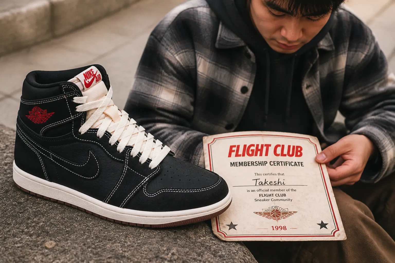 Bold closing image featuring the Air Jordan 1 High OG Flight Club with a retro-styled Flight Club membership certificate graphic
