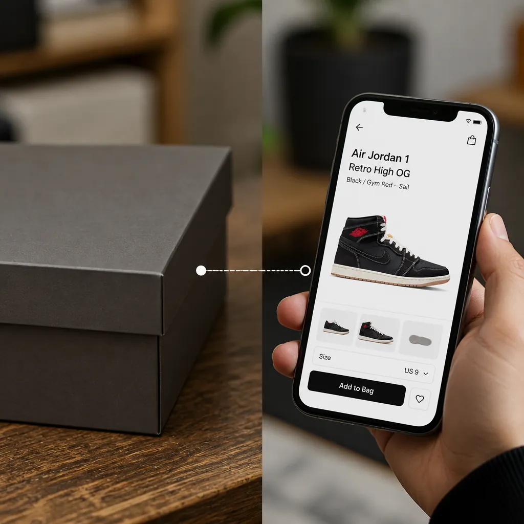 Split composition showing vintage mail-in coupon on the left with modern smartphone showing product page on the right, connected by a timeline graphic