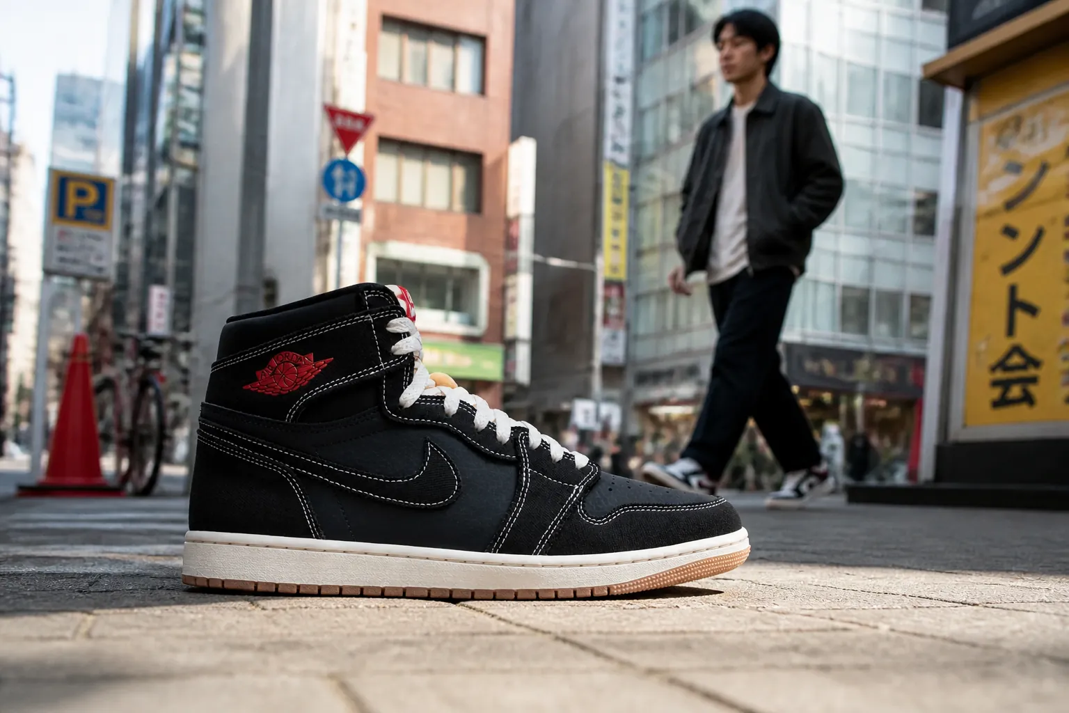 Lifestyle image showing the Air Jordan 1 High OG Flight Club in a street setting with urban backdrop