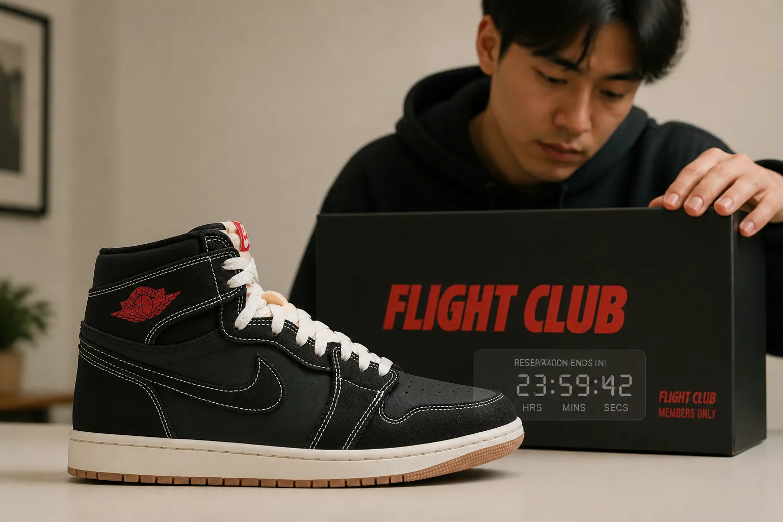 Air Jordan 1 High OG Flight Club box with Flight Club branding overlay showing countdown timer