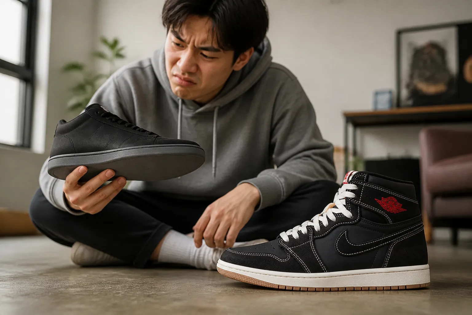 Comparison image showing uncomfortable rigid sneaker sole with flat cardboard-like construction