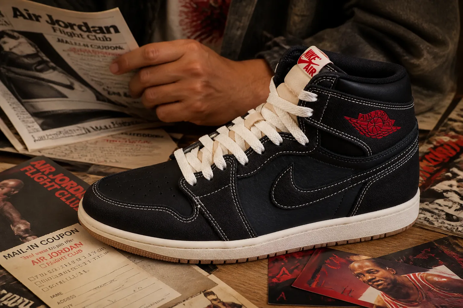 Vintage Air Jordan Flight Club imagery with retro magazine clippings, mail-in coupons, and modern sneaker emerging from papers
