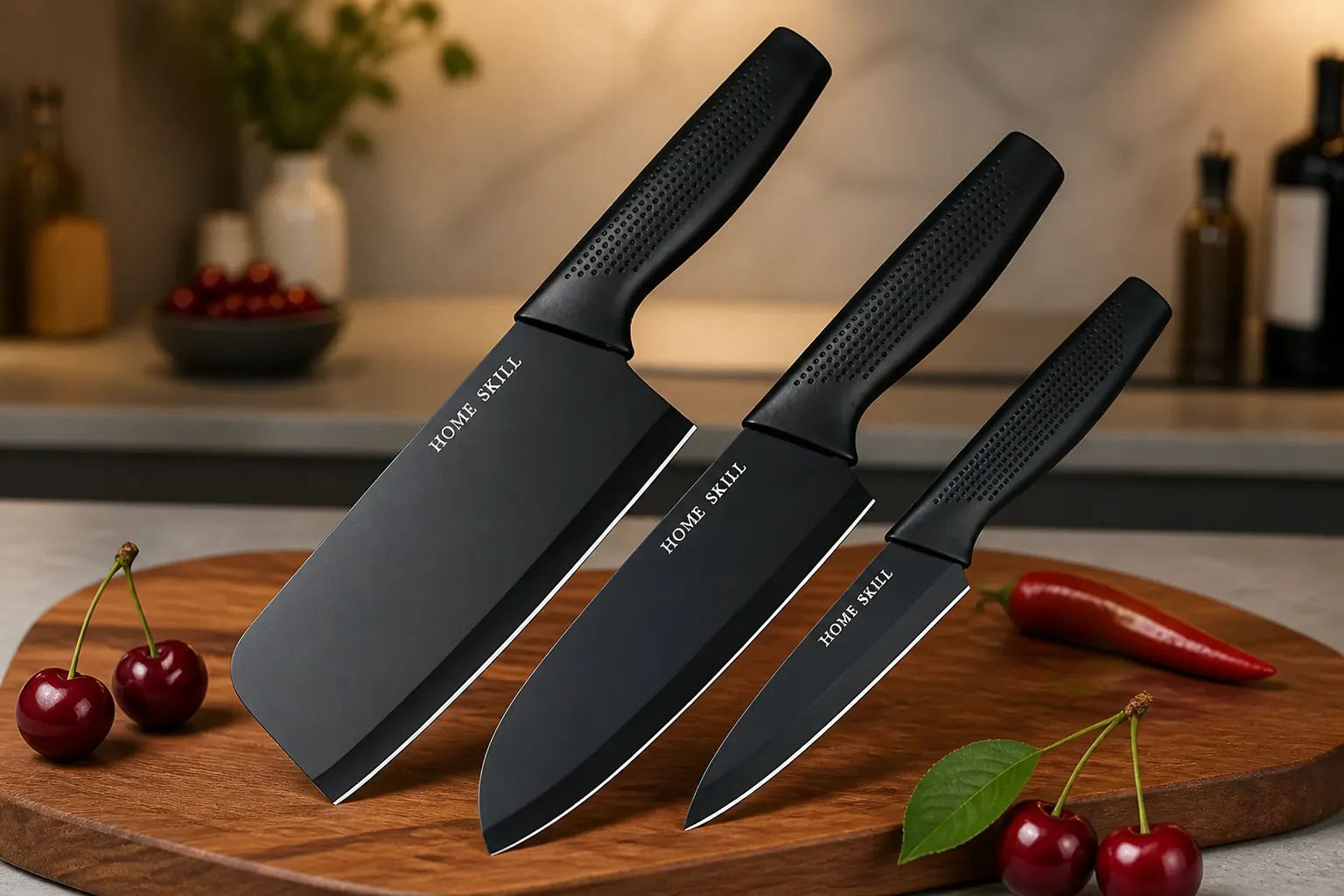 Beautifully arranged professional knife set displayed on clean modern kitchen counter with warm ambient lighting